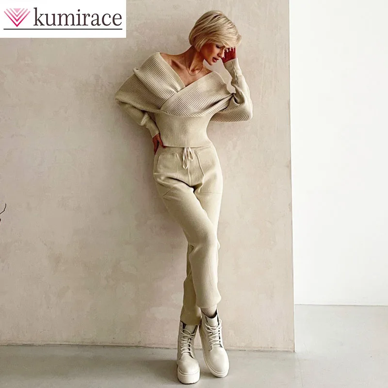 

Sexy Style Leaky Shoulder Bat Sleeve V-neck Trendy Knitted Sweater Two-piece Fashionable Suit for Women Y2k Clothes Pant Sets