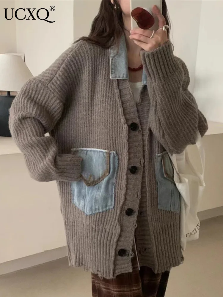 UCXQ Fashion Tide Coat Japanese Korean Casual Cowboy Splicing Knitted Loose All Match Sweater Coat Women 2024 Spring Autumn 1932