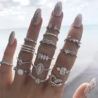 15pcs/set Fashion Bohemian Rhinestone Silver Color Hollow Geometric Rings Set For Women Jewelry Party Gift