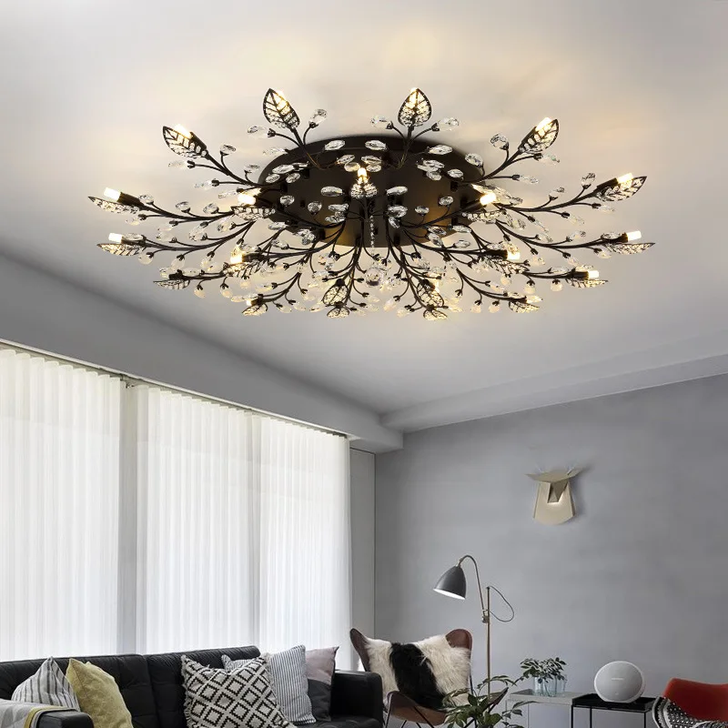 Modern Black/gold Wrought Iron Leaf Shape LED Ceiling Lights Crystal Lampshade Living Room Restaurant Hotel Bedroom Hanging Lamp