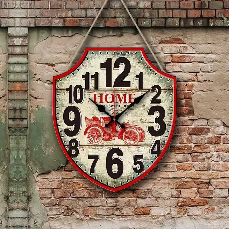 Retro Shield Wooden Wall Clock Living Room Dining Room Bedroom Decoration European Style Bar Wall Decoration Retro Wall Clock