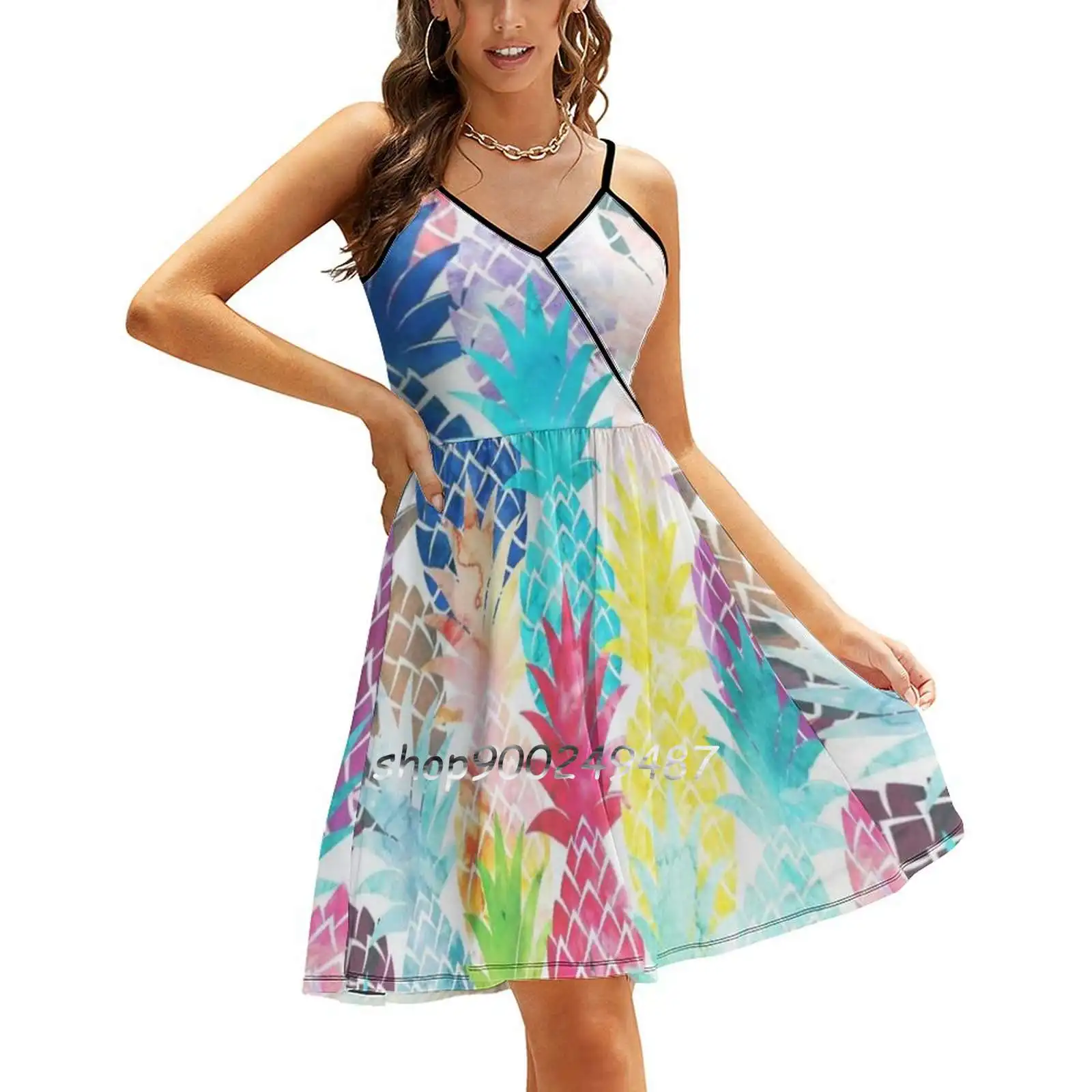 Hawaiian Pineapple Pattern Tropical Watercolor New Summer Cut Sexy Dresses Ladies Club Wear Party Sundresses Pineapples