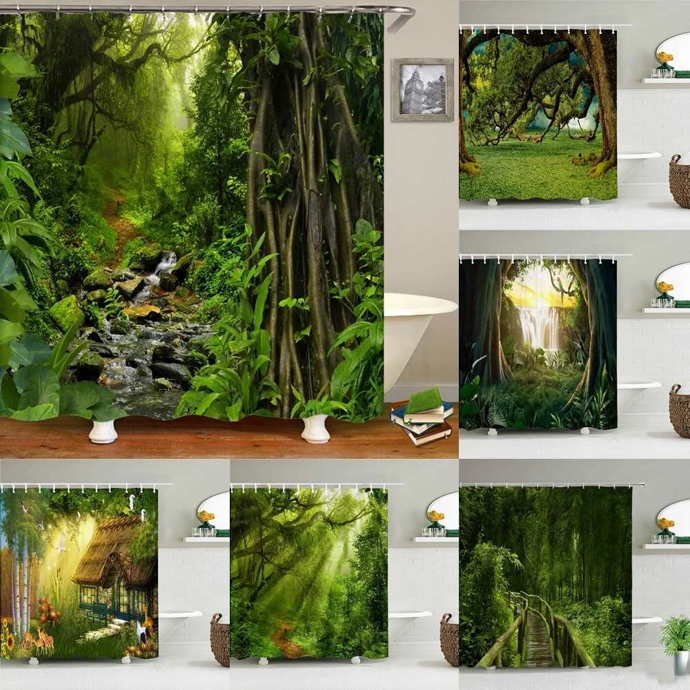 

Green Primeval Forest Jungle Shower Curtains Bathroom Curtain Waterproof Fabric Trees Plant Cloth Bathtub Screen Set With Hooks