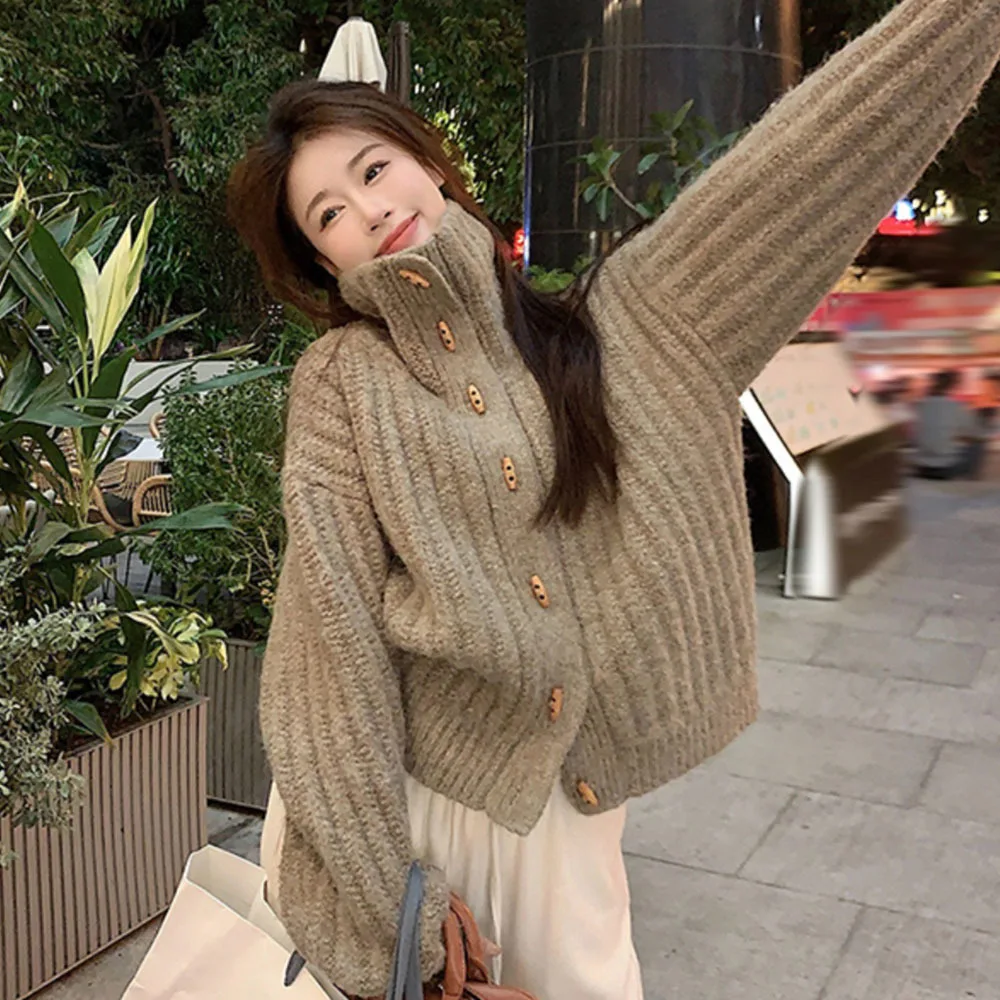 Winter Loose Simple Horn Button Women Sweaters Casual Fashion Knitted Cardigan Woman Oats Grey Black Street Chic Knitwears Lady