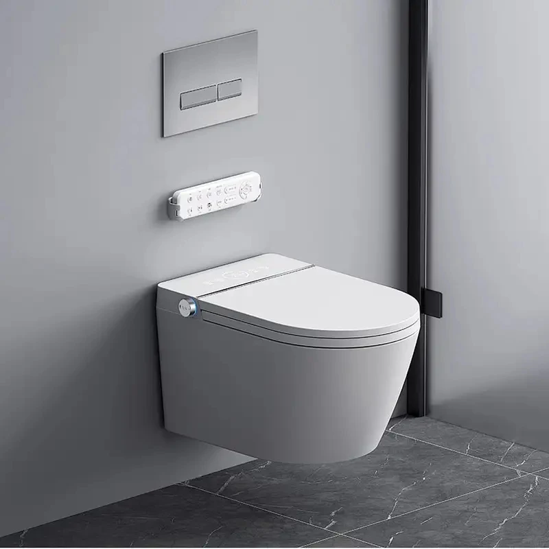 

Home Wall Mounted Hidden Toilet Automatic Cover P Type Trap Drainage Remote Control Ceramic WC Slender Bowl Shape