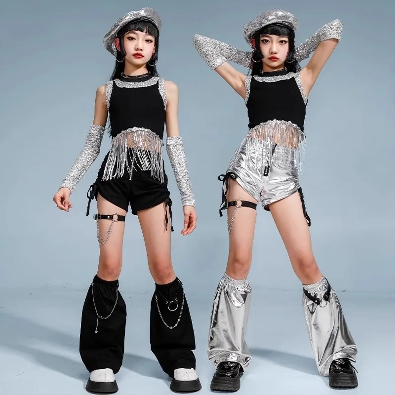 الفتيات الهيب هوب الترتر الفضة المحاصيل الأعلى البضائع السراويل الشارع الرقص السراويل طفل K-pop الجاز الملابس مجموعة الطفل أنيقة الشارع الشهير زي