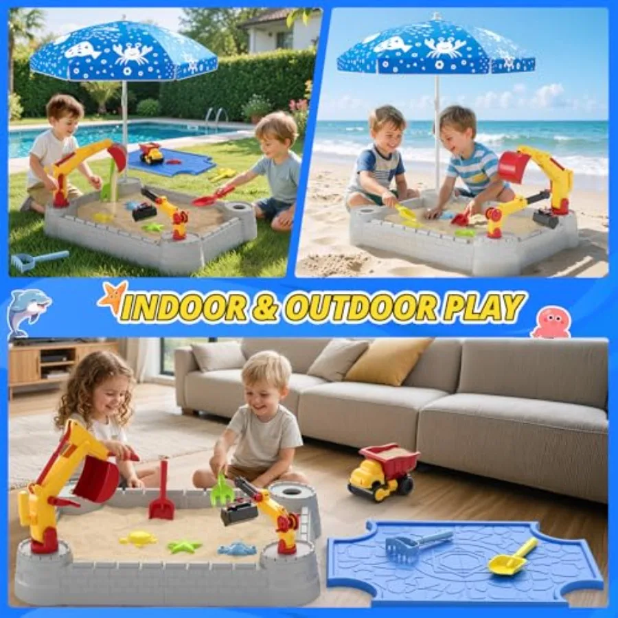 Sandbox with Lid, Digger Excavator Sand Box with Cover Play Sand Pit with Construction Toys/Umbrella/Beach Playset for Toddlers