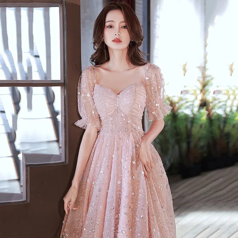 

Bling Pink Women's Prom Dress Glitter Sequin Tulle A-Line Birthday Party Dresses Sweet Banquet Mid-Length Princess Gowns