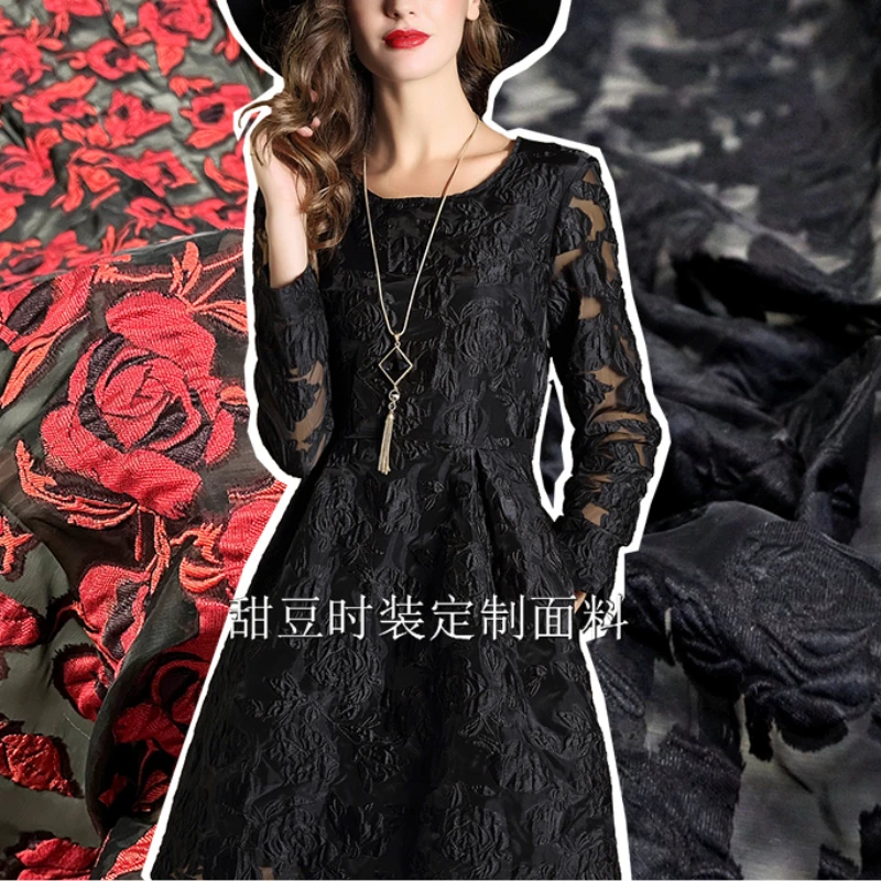 Organza Yarn Dyed Jacquard Rose Dark Grain Dress Coat Clothing European Brand Fashion Design Sewing Wholesale Materials Cloth