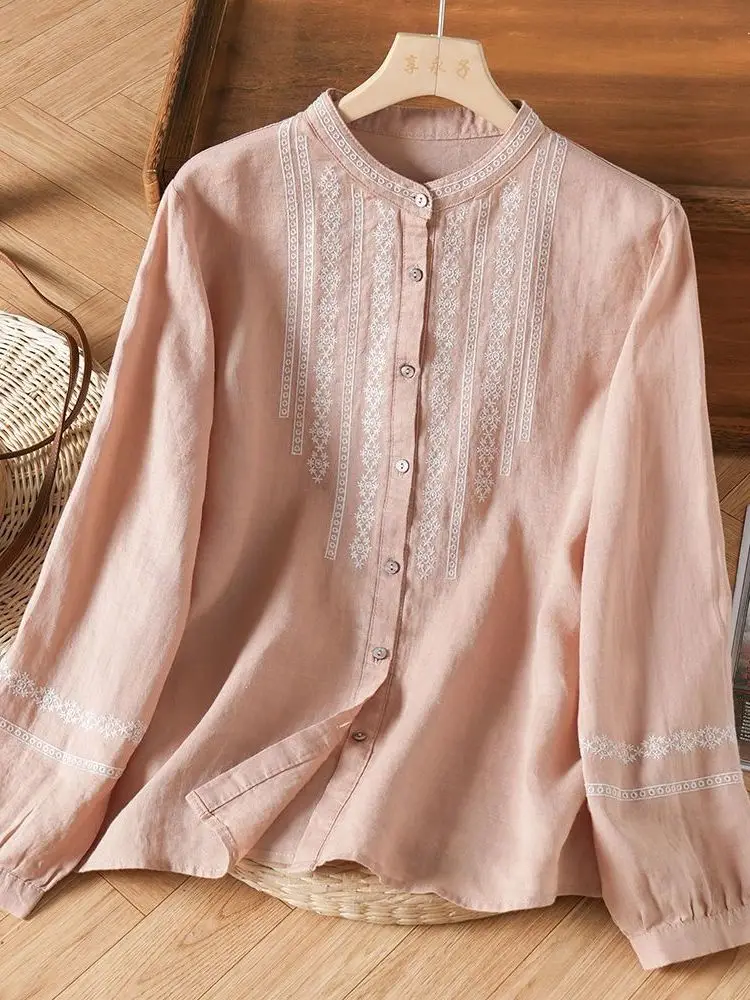 Retro Embroidered Cotton Linen Stand Collar Loose Long Sleeve Women's Shirt Spring New Style Artistic Trendy Casual Top