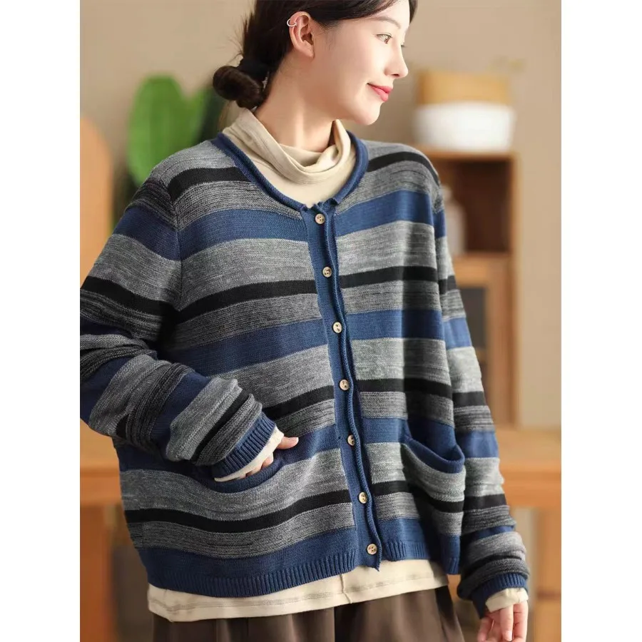 Women's Vintage Color Blo Striped Knitted Open Cardigan Long Sve Single Button Sweater Outerwear Top Spring Autumn