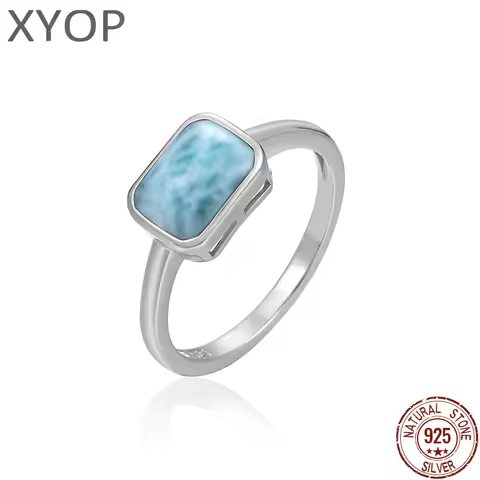 2021 New Trend 925 Sterling Silver Natural Gemstones Larimar Ring for Women Geometry Design Classic Simple Female Jewelry Dating