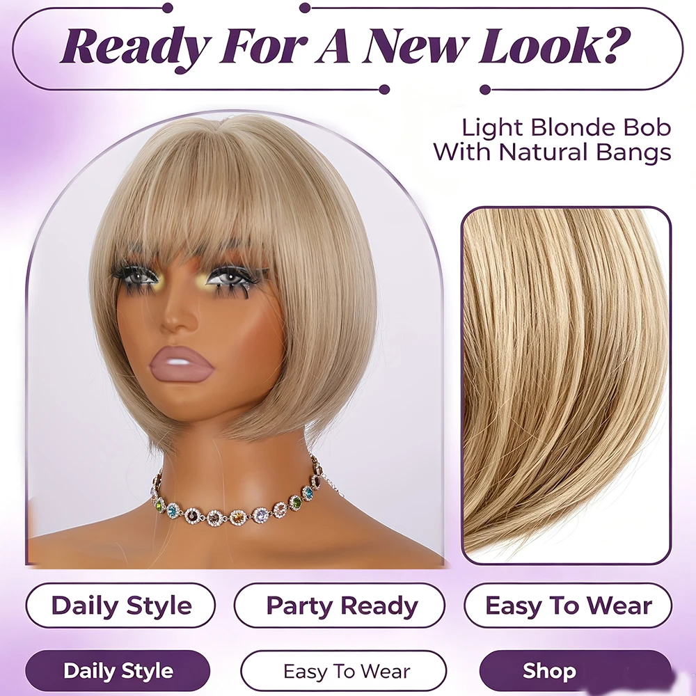 Women'S Synthetic Bob Wig, Straight Blonde Party Wig, 30.48 cm, High Density, Perfect for Halloween, Daily Wear & Celebrations