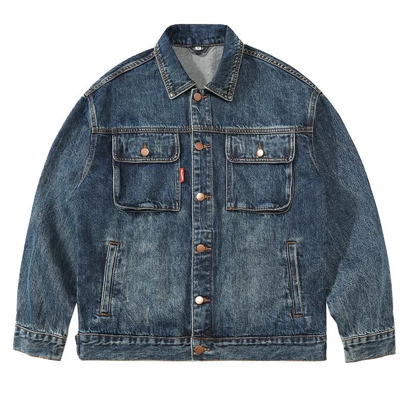 

Autumn and Spring New Fashion Solid Color American Vintage Workwear Denim Jacket Men's Loose Sports Plus Size High-end Outerwear