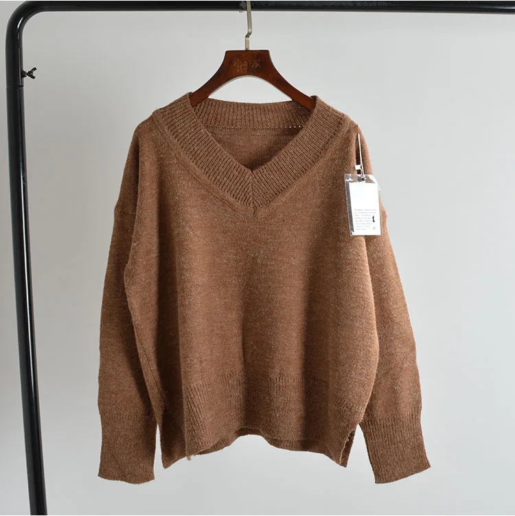 루즈핏 브이넥 긴팔 단색 니트 기본 셔츠 레귤러 핏 가을 겨울 여성 패션 고품질 프리미엄 여성 스웨터