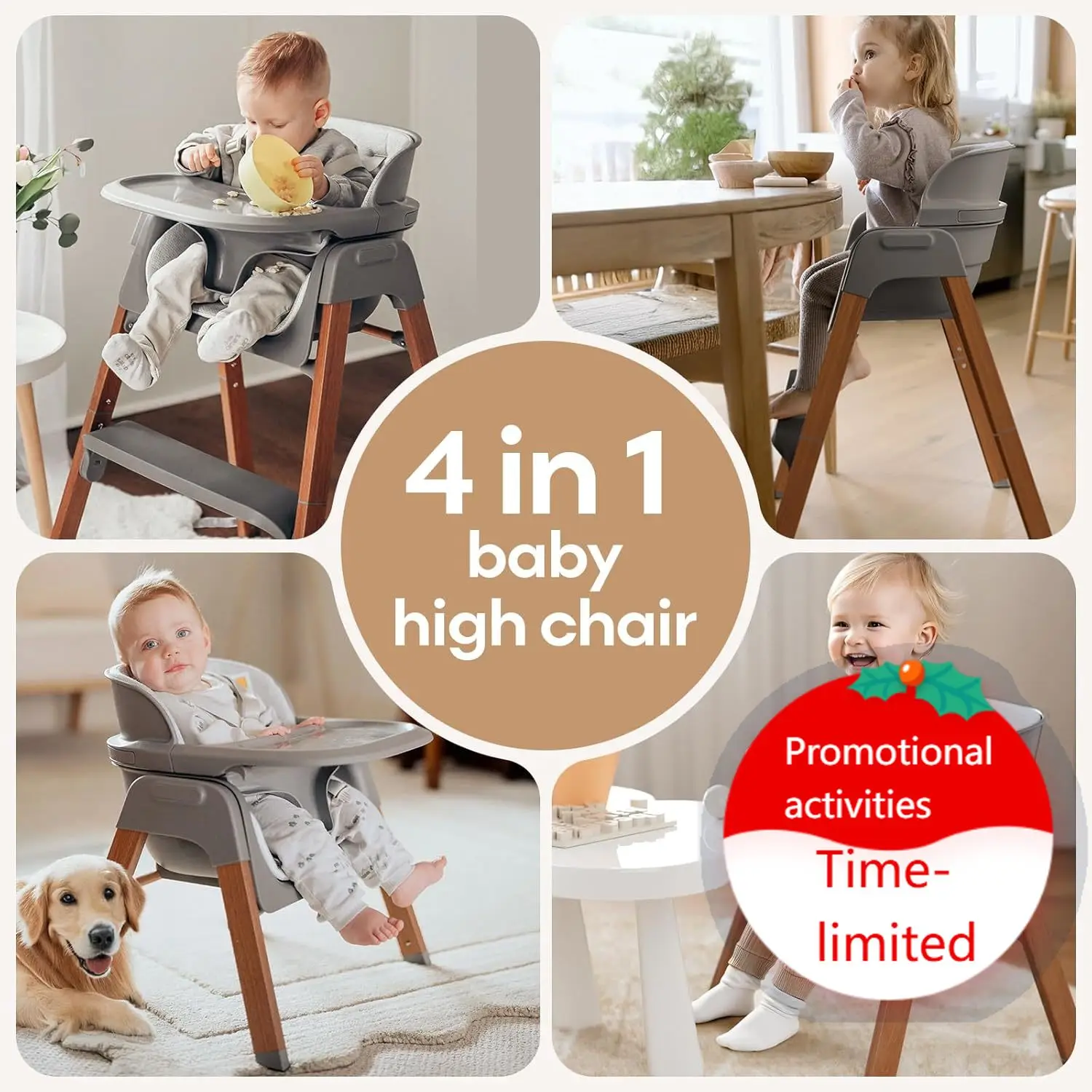 

Fodoss Baby High Chair, Light Gray, 4-in-1 Foldable Design, Sturdy Metal Square Tube with Wood Grain, Removable Dishwasher Safe