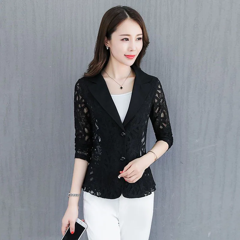 Women\'s Blazer Jacket Korean 2024 Spring Summer New Slim Lace printing Small Suit Jackets Female Elegant Thin Blazers Women Coat