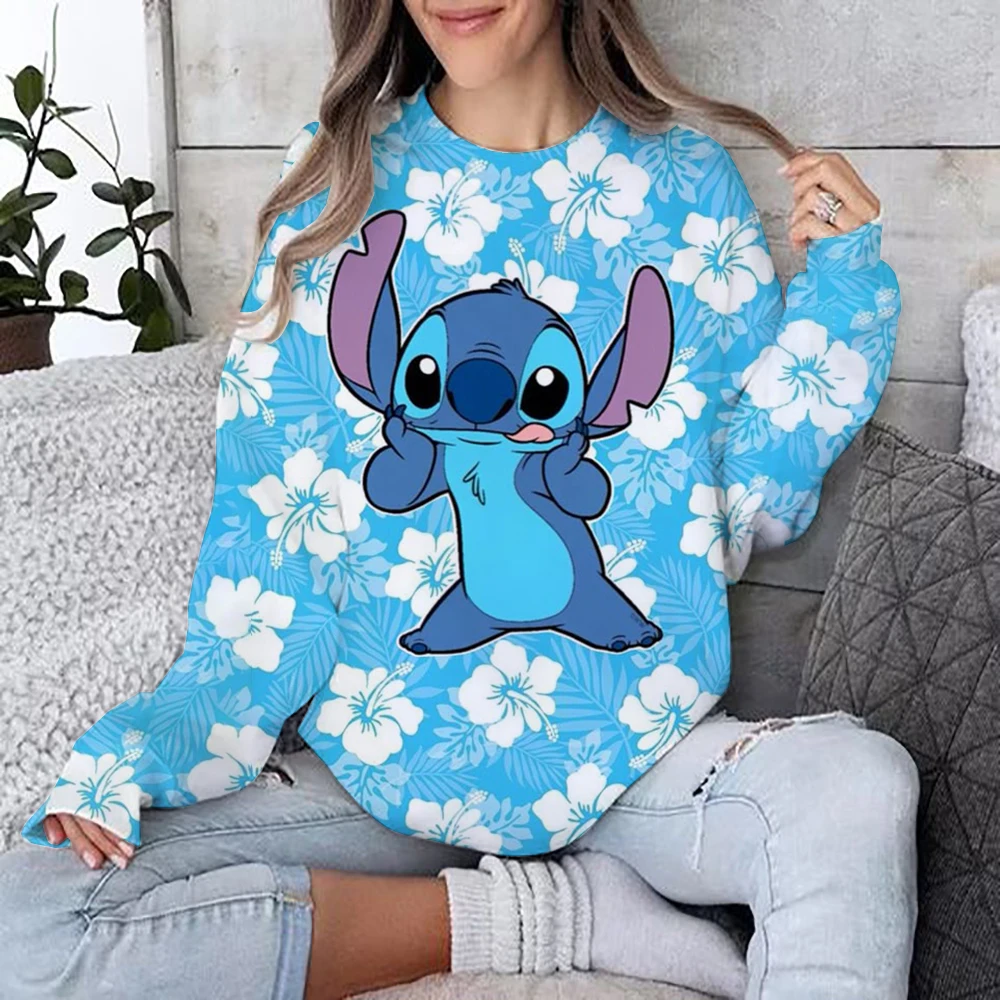 Autumn Fun Print Long Sleeve Top 2024 New Cartoon Disney Cute Lilo & Stitch Ladies Sweatshirt Crew Neck Loose Pullover