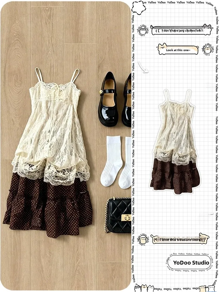 Early Summer Brown Polka Dot Lace Splicing Halter Dress Women's Fashion Set Two-Piece Suit Floral Print Breathable Polyester ...