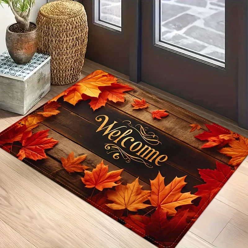 Fall Thanksgiving Maple Leaves Welcome Doormat Front Door Entrance Non-Slip Floormat Home Decor Kitchen Hallway Balcony Room Rug