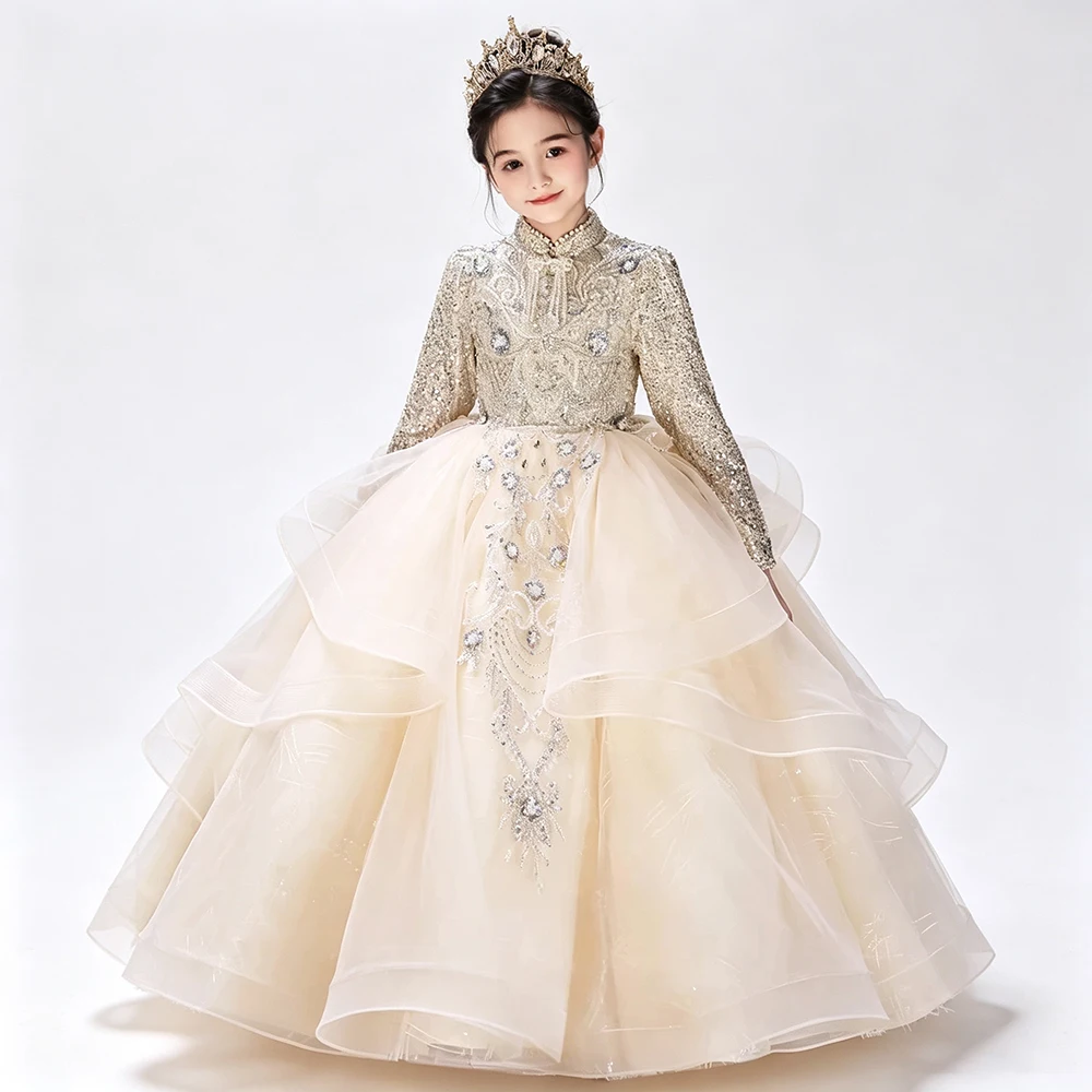 Luxury Long Sleeve Sparkly Sequined Pageant Evening Prom Dress For Girls Princess Birthday Party Wedding Ball Gown Champagne