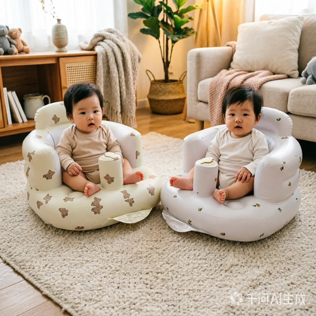 インフレータブルベビー学習椅子、かわいいクマ柄のポータブルpvcフロアソファ、6〜12ヶ月用の安全な脊椎サポートシート