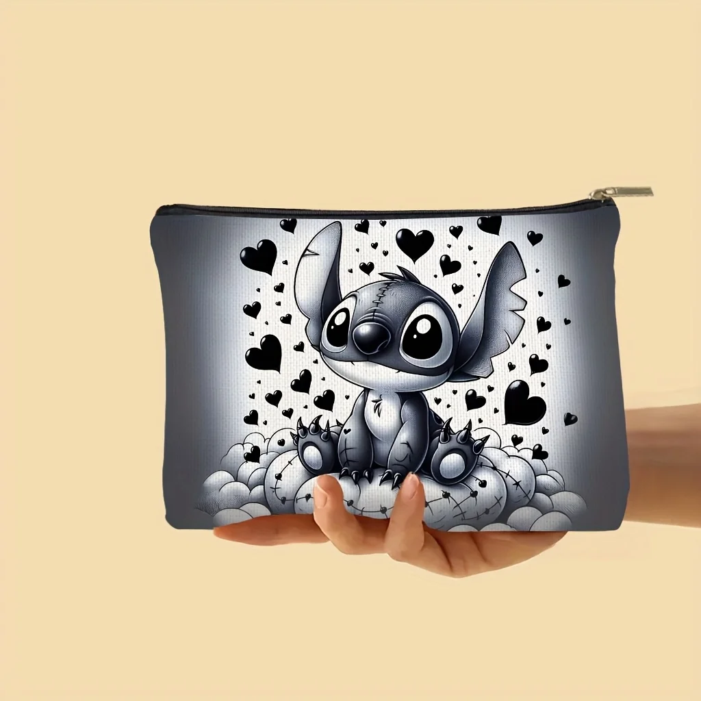 1 Disney Stitch Urocza kosmetyczka Stitch, z wzorami Stitcha i serc, idealna podróżna saszetka na zamek błyskawiczny - zabawny prezent urodzinowy