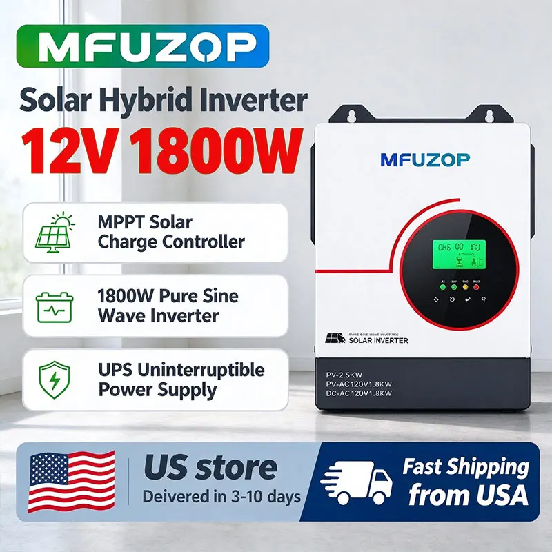 MFUZOP Off Grid Hybrid Solar Inverter, Pure Sine Wave 110/120VAC 60Hz, Max PV Input 2500W, Built-in MPPT, Support Batteryless PV Run for Home, Cabin, RV Off-Grid Solar System