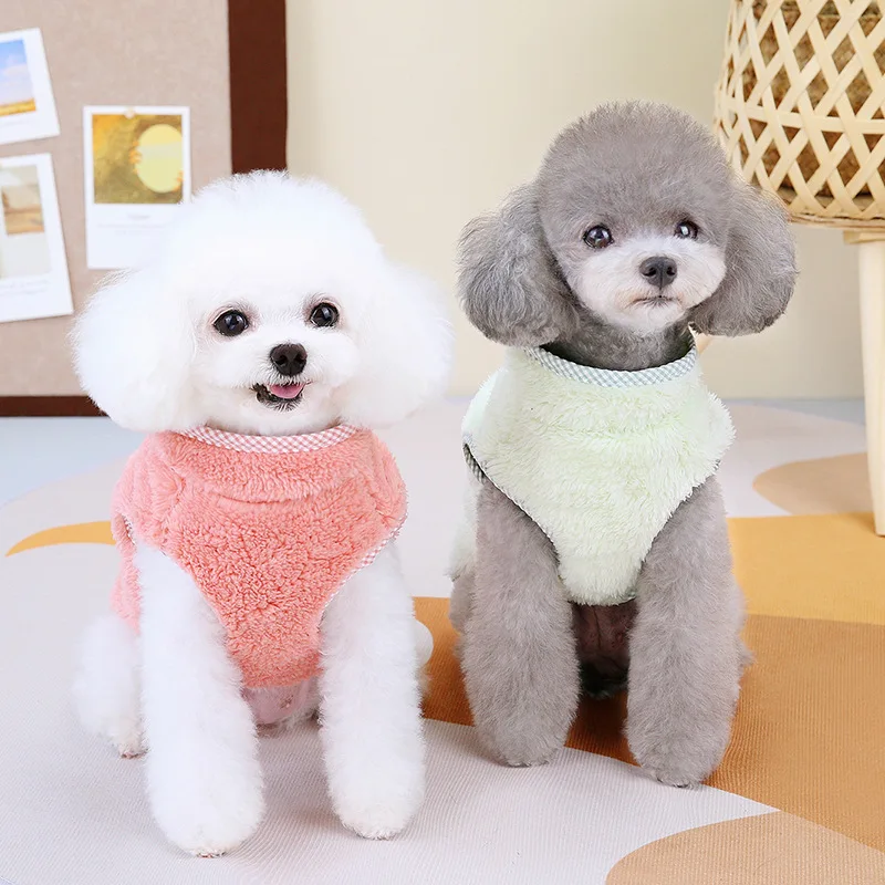 Pet Autumn and Winter Plush High Neck Coat Warm Dog Clothes Plaid Plush Vest Pet Supplies for Small Dogs Puppy Dog Coat