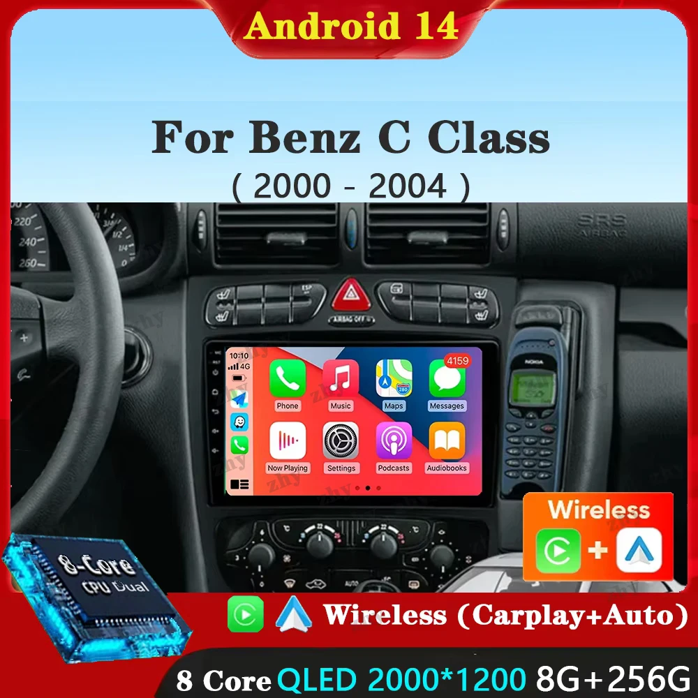 For Mercedes Benz C Class S203 CL203 W203 2000 - 2004 Android 14 Carplay Auto Car Radio Multimedia Video Player Navigation GPS