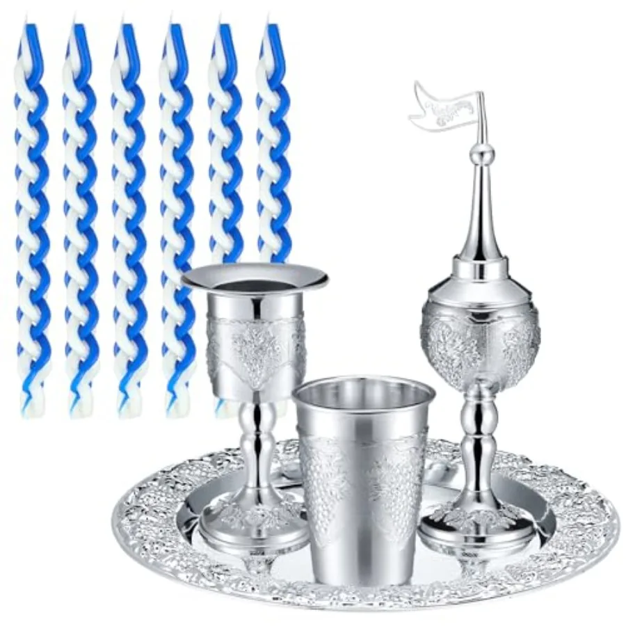 9 Pcs Shabbat Havdalah Set Include Havdualah Candle Holder Kiddush Cup Spice Box Goblet Silver Plate with 5 Pcs Havdalah Candle