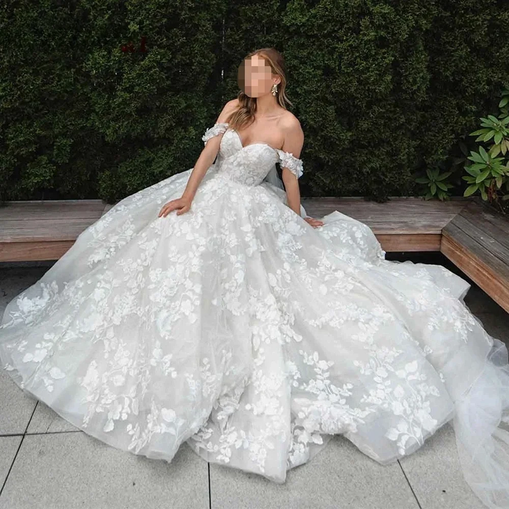 

Long Wedding Dresses For Woman 2025 Sweetheart Lace A-Line Off Shoulder Wedding Gowns For Bride Appliques Tulle Customized