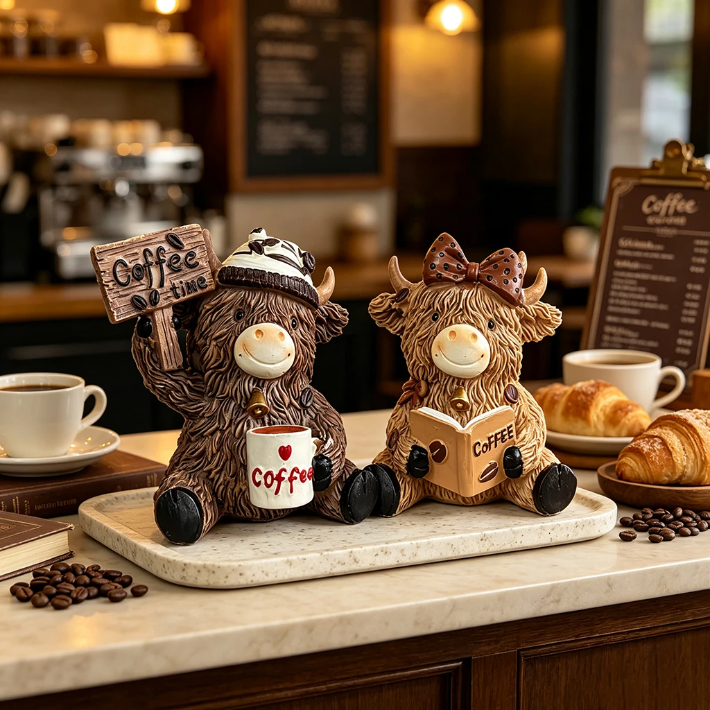 Coffee Cow Figurine Resin Cute Animal Desk Decoration Coffee Lover Home Decor Ornament for Kitchen Coffee Bar Gift