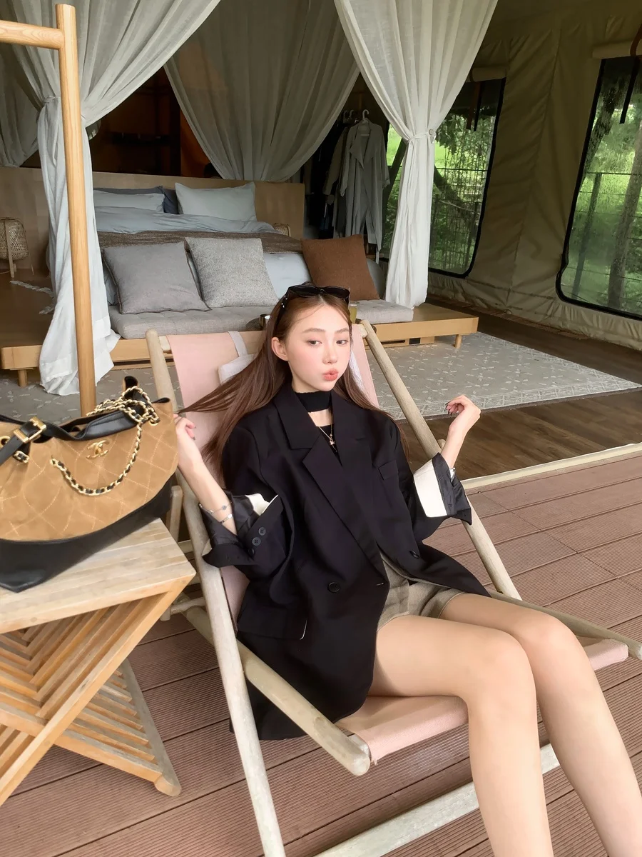 

Ele Loose Suit Jaet Women's Casual Roll Sve Color Blo Long Sve Stand Length Loose Fit Faion Autumn