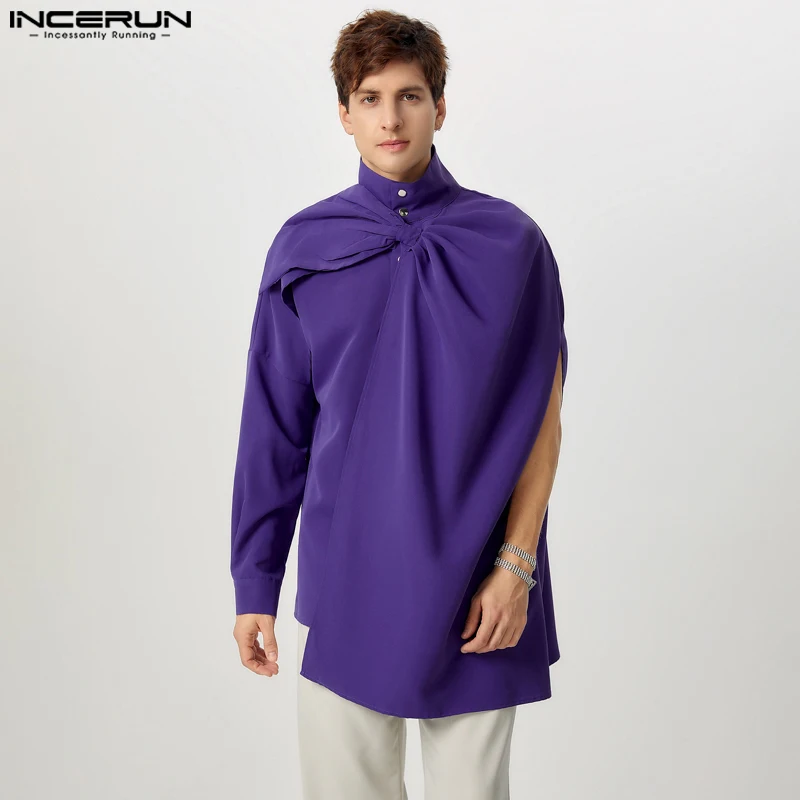 

INCERUN Tops American Style Fashion New Men Deconstruction Bow Tie Shirts Solid Simple Long-style Male Long Sleeved Blouse S-5XL