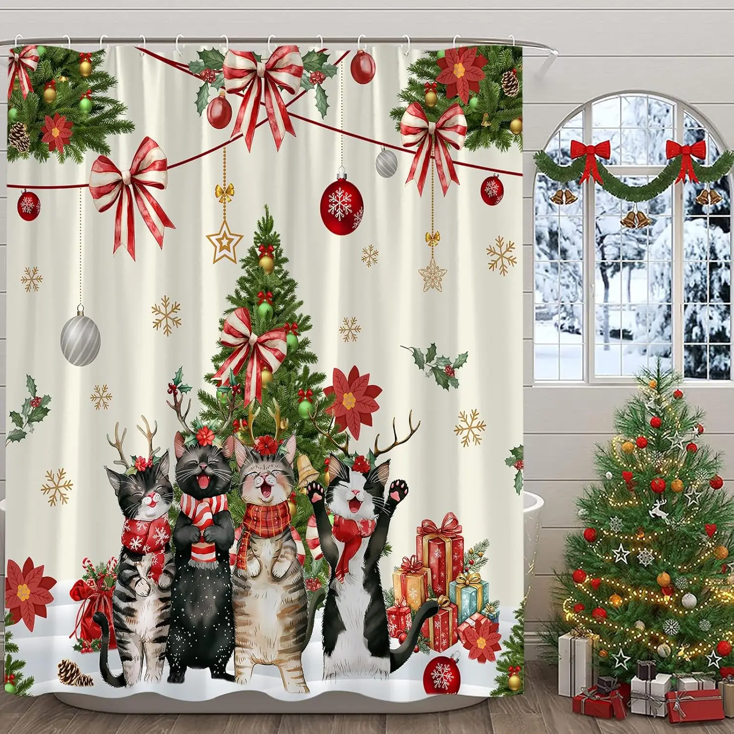 Christmas Cat Shower Curtain,Xmas Tree Ball Twigs Snowflake Bow Winter Holiday Red Green Beige Bathroom Home Curtain Decor