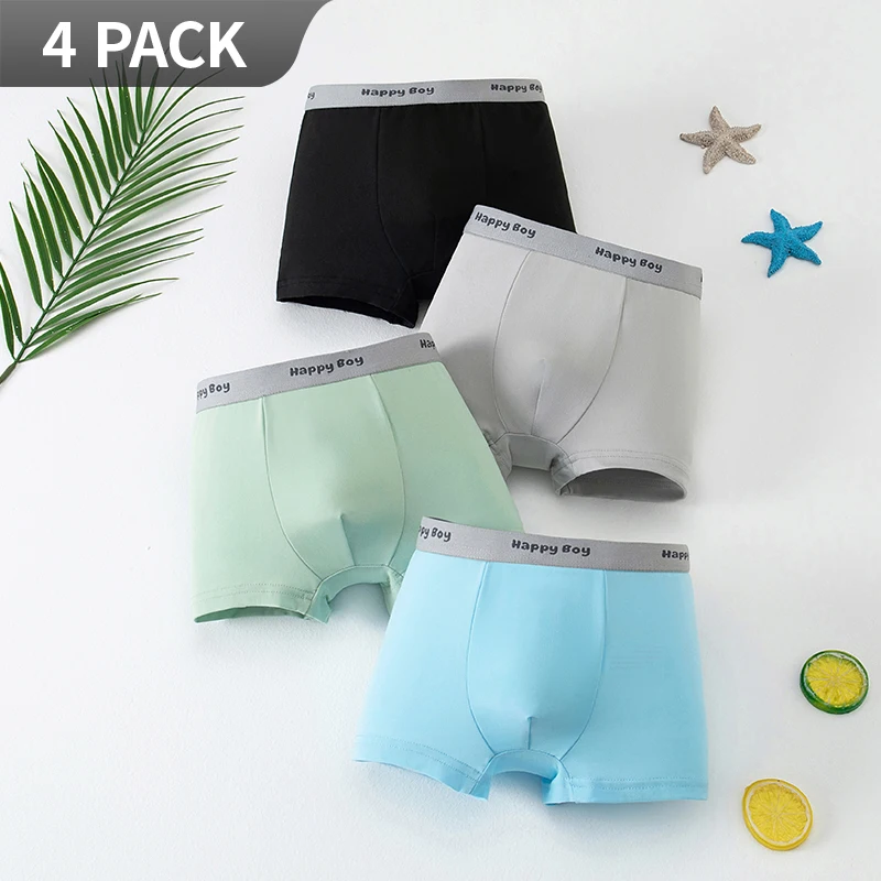 4-Piece Set of Boys' Four Season Solid Color Underwear, Boxer Shorts, Children's Comfortable Shorts, Elastic Waisted Home Pants
