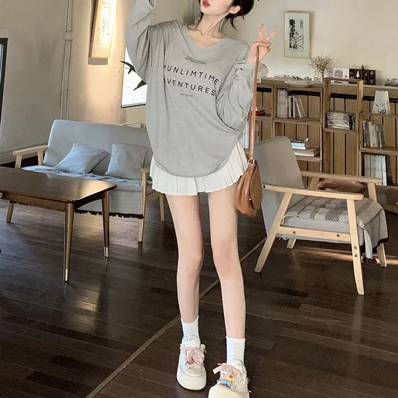 Casual V-Neck Letter Printed T-shirts Spring Autumn Loose Round Neck Women's Clothing Basic Long Sleeve Korean Stylish Pullovers