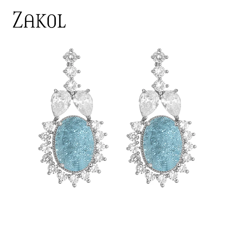 ZAKOL Fashion Light Blue Oval Drop Earrings Shiny Burst Cubic Zirconia Women Earring for Bridal Wedding Party Jewelry
