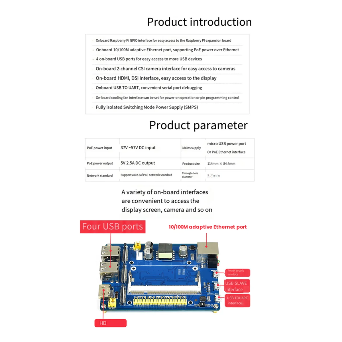 

T07C-For Raspberry Pi CM3 PoE USB Expansion Board Ethernet GPIO Breakout Module HAT for Raspberry Pi Compute Module 3