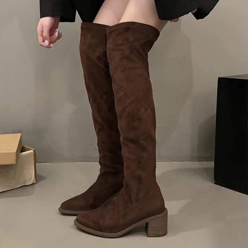 

Long Boots for Women's Mid Heels Suede Pointed Toe Elegant Shoes 2025 Fashion Winter Chelsea Boots New Pumps Luxury Mujer Botas