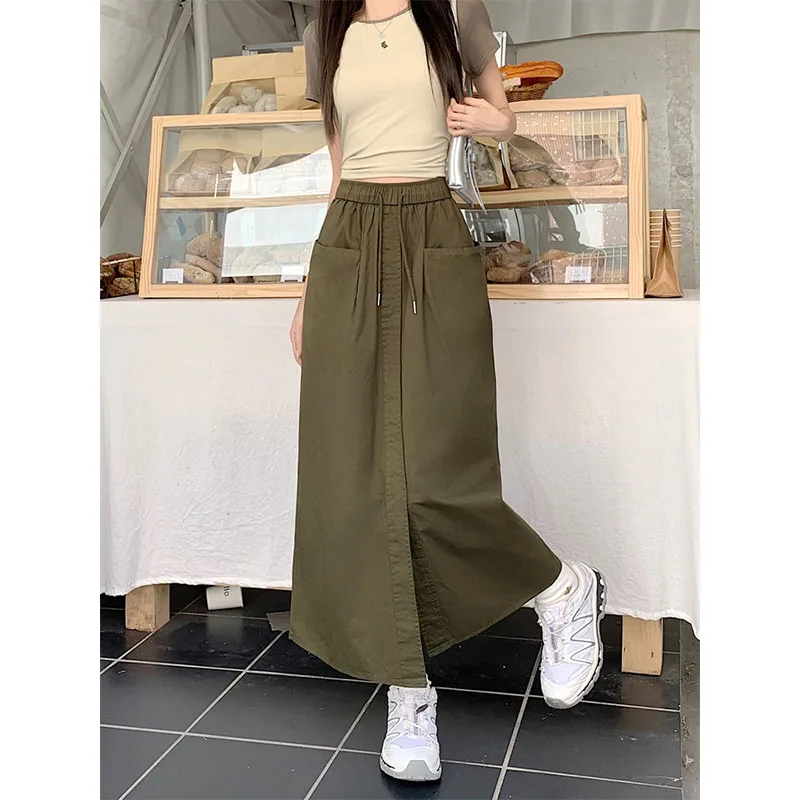 

Y2K Skirt Women Fashion Streetwear Black Split Skirts Summer Harajuku Korean Slit Casual A Line Double Pocket Design Half Skirt