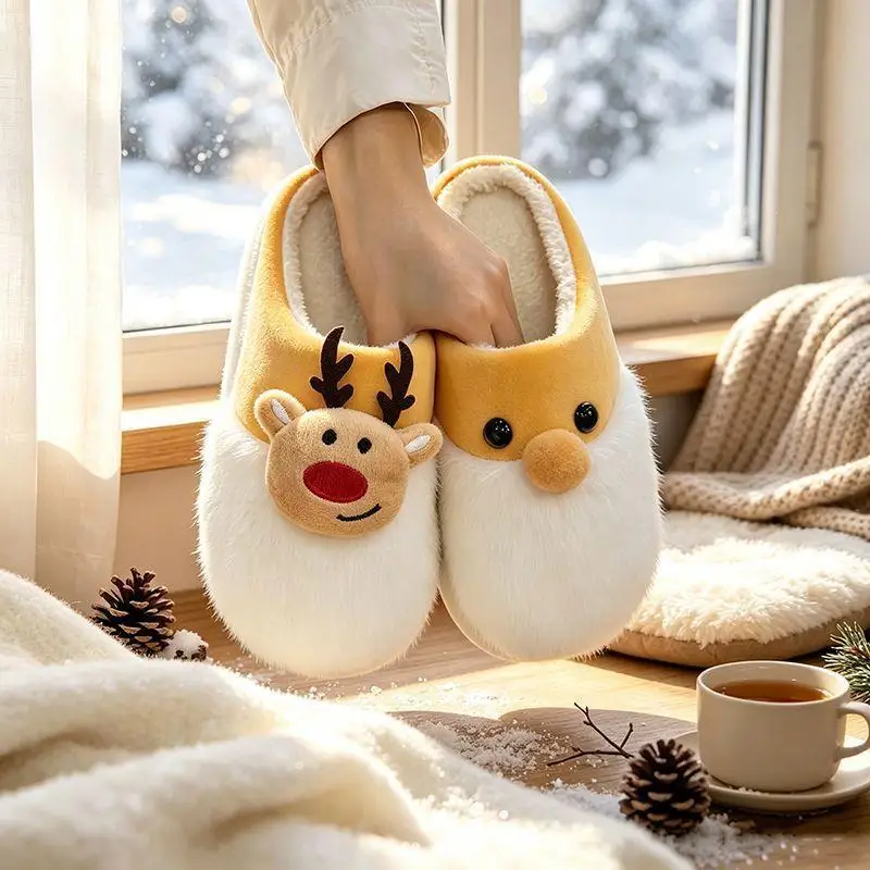 Niedliche Elch-Plüsch-Hausschuhe für Paare, warme Weihnachts-Hausschuhe für drinnen, Wintertrend 2026, bequeme dicke Sohle, Baumwollschuhe für Damen – Detail 11