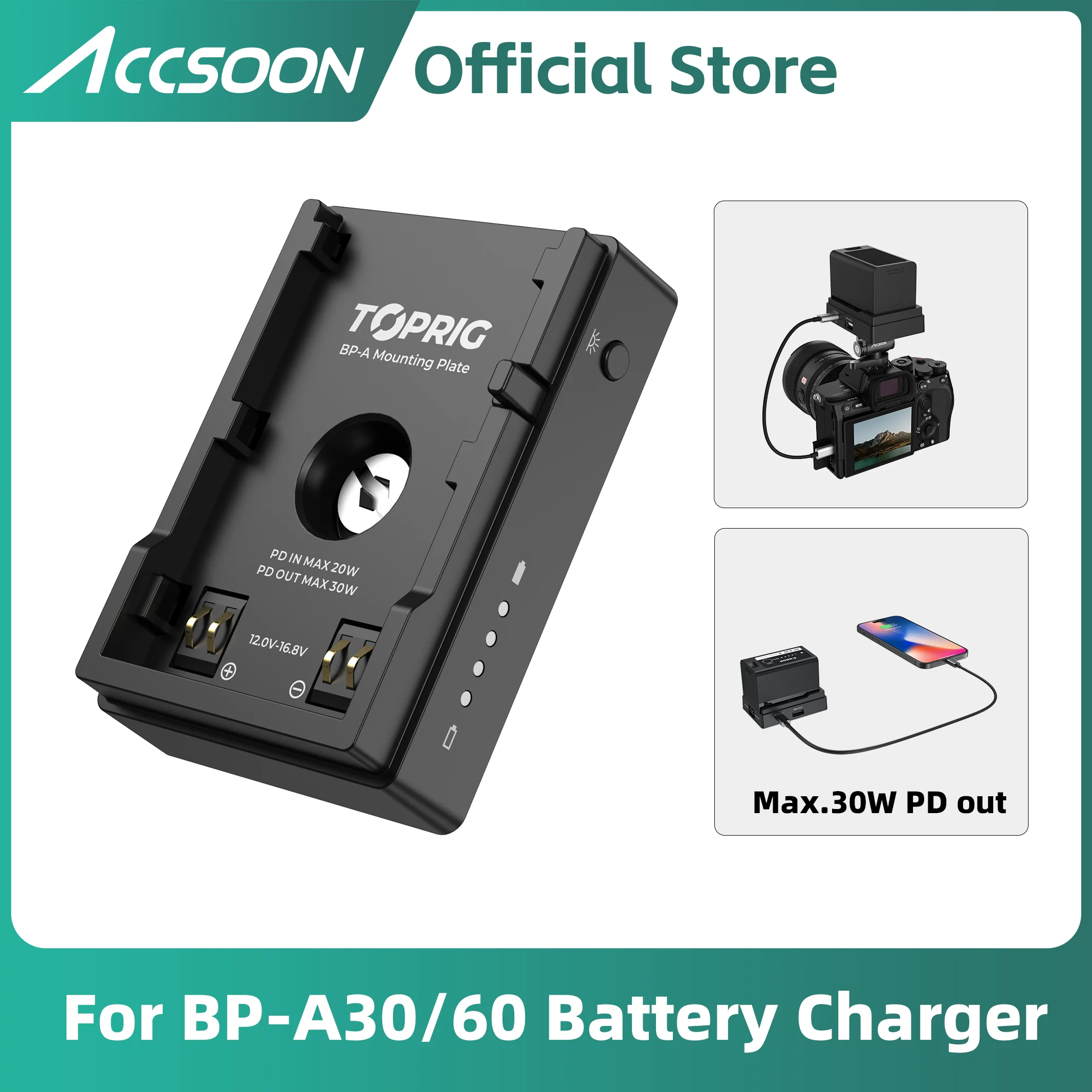 Accsoon Toprig  BP-A30 BP-A60 BP-A90 Battery Fast charging Adapter Mount Plate 30W PD Output USB-C 1/4 Inch Screw for Canon