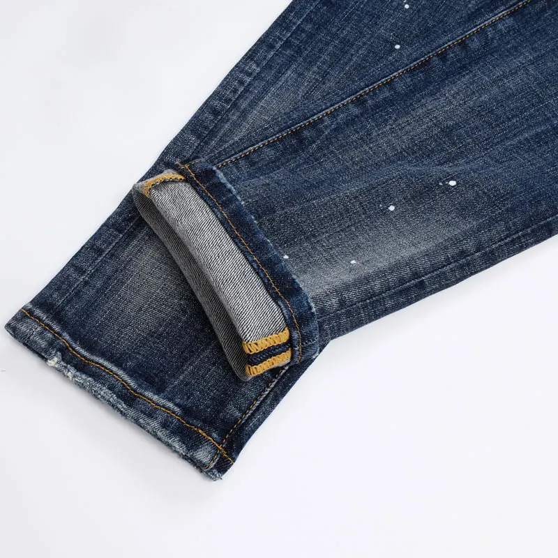 Street Fashion Designer Men Jeans High Quality Retro Blue Stretch Slim Fit Ripped Jeans Men Patched Brand Vintage Denim Pants
