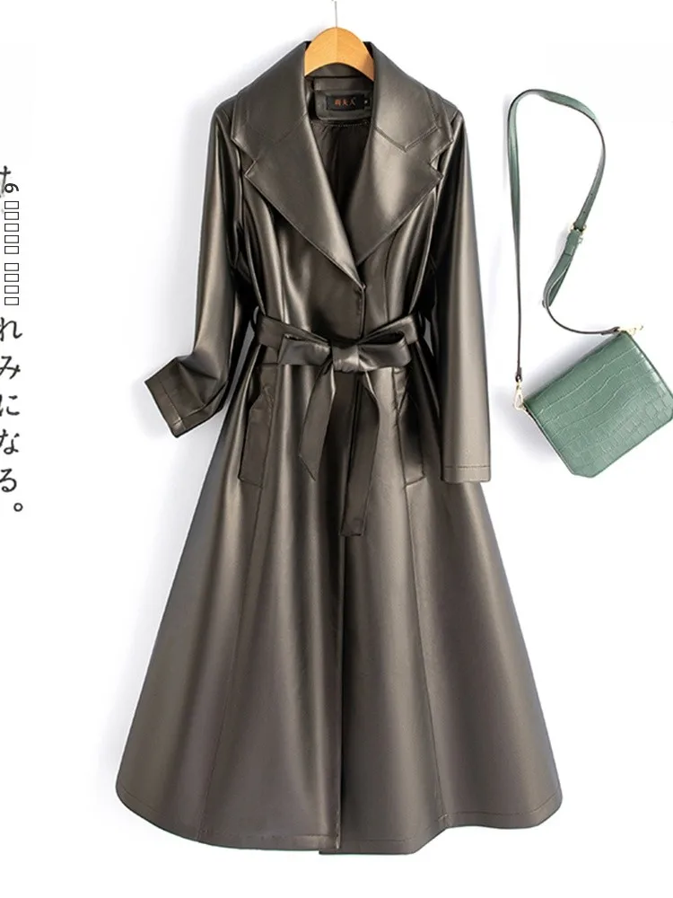 เสื้อโค้ทหนังแกะทรงสลิมฟิตสำหรับผู้หญิง ความยาวปานกลาง ไซส์ใหญ่ เสื้อกันลมแฟชั่นใหม่สำหรับฤดูใบไม้ร่วงและฤดูหนาว