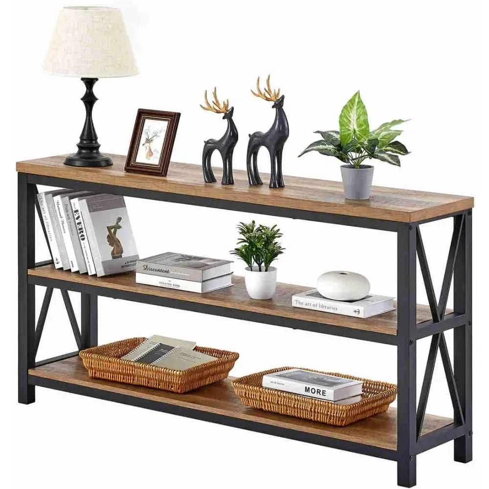 Mesa consola Industrial para entrada, mesa de sofá de madera, mesas de pasillo rústicas con estantes de 3 niveles para sala de estar