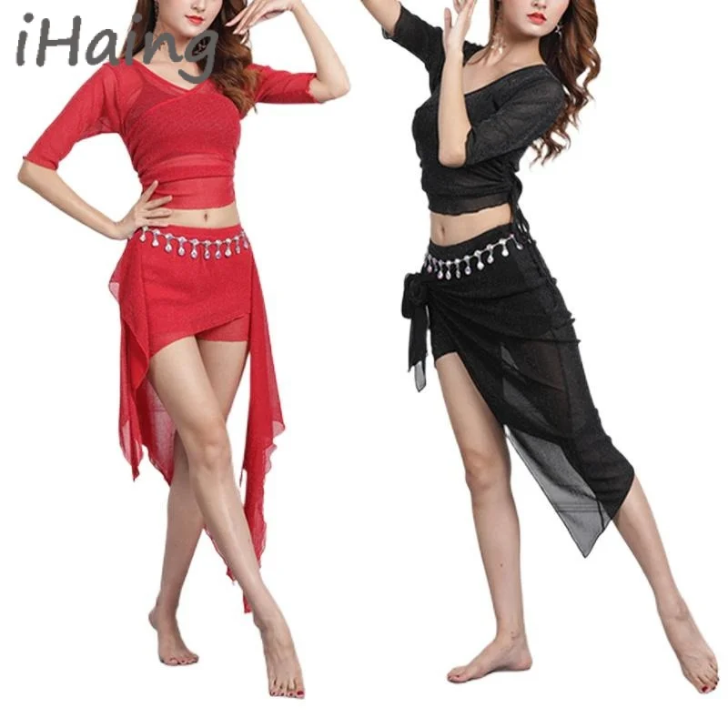 2PCS Women Belly Dance Lesson Wear Set Top Skirt Bellydance Stage Performance Costume Suits Female Practice Dancewear Outfit