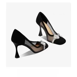 Mesh High Heels Slim Heels 2025 Ladies Pumps Shallow Mouth Breathable Black Leather Temperament All Match Women's Single Shoes