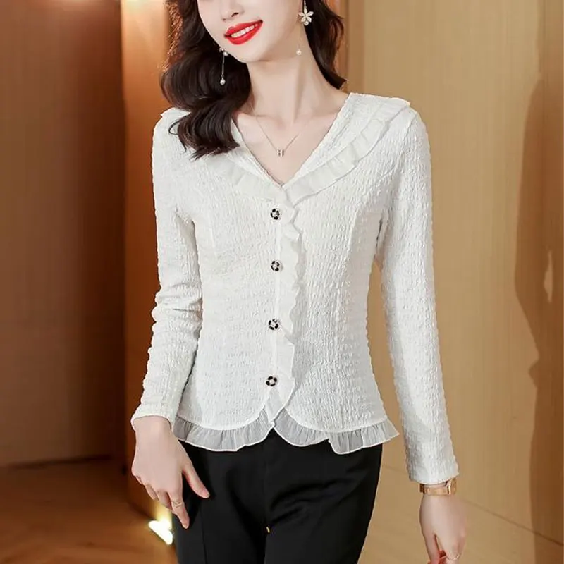 2024 Vintage Solid Color Casual Gauze Ruffles Spliced Blouse Spring Autumn Korean All-match Female Clothing V-Neck Button Shirt